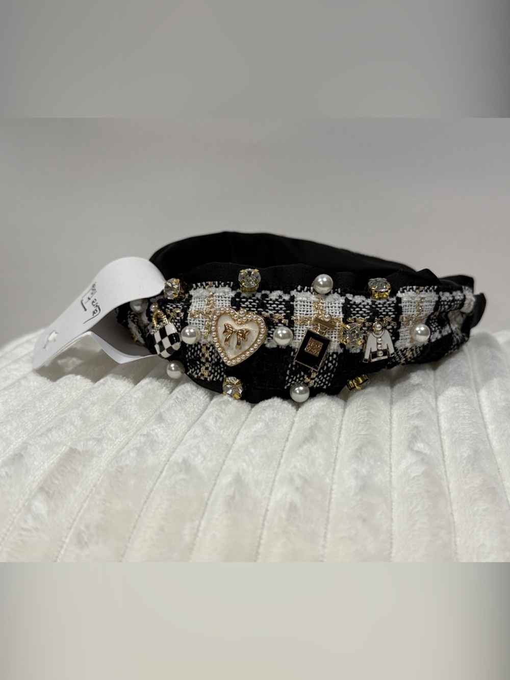 Embellished Black & White Tweed Headband with Pearls & Charms.